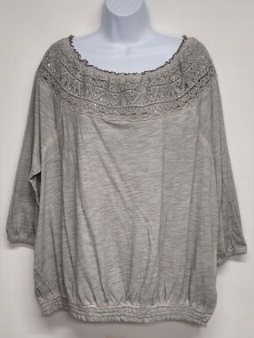 Sonoma 1X Cotton Top Sage Green. Crochet Neck Elastic Smocked Hem New